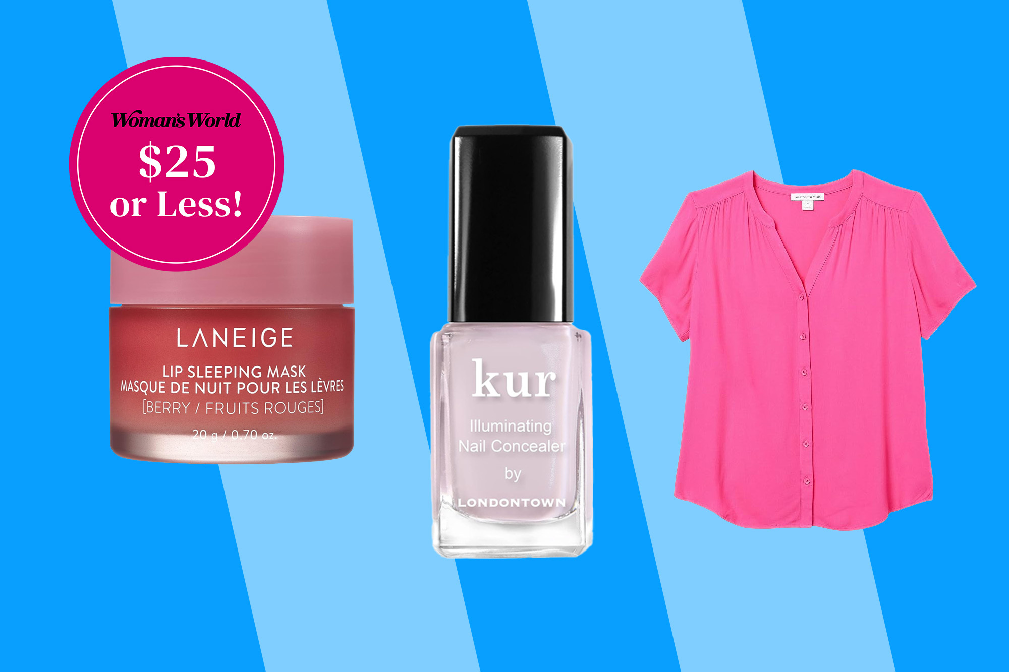 Images of women's beauty and fashion items on sale during Amazon Prime Day with text that reads 'Woman's World $25 or less!'