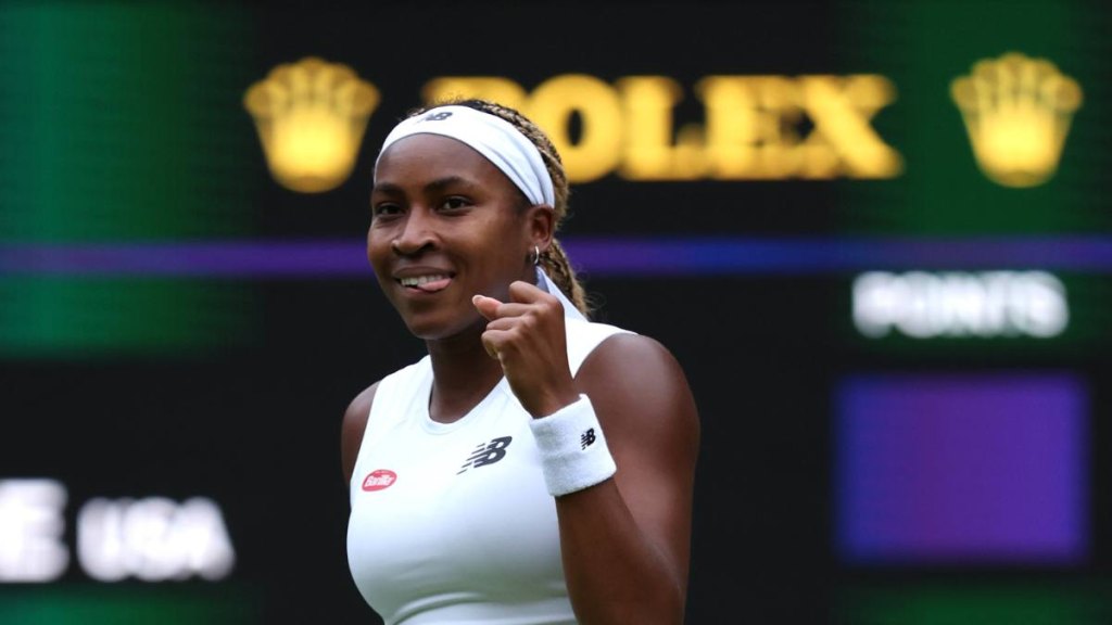 Coco Gauff of United States celebrates winning match point against Caroline Dolehide of United States during her Ladies' Singles first round match on day one of The Championships Wimbledon 2024 at All England Lawn Tennis and Croquet Club on July 01, 2024 in London, England
