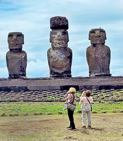 Senior travel buddies Sandy and Ellie on Easter Island.