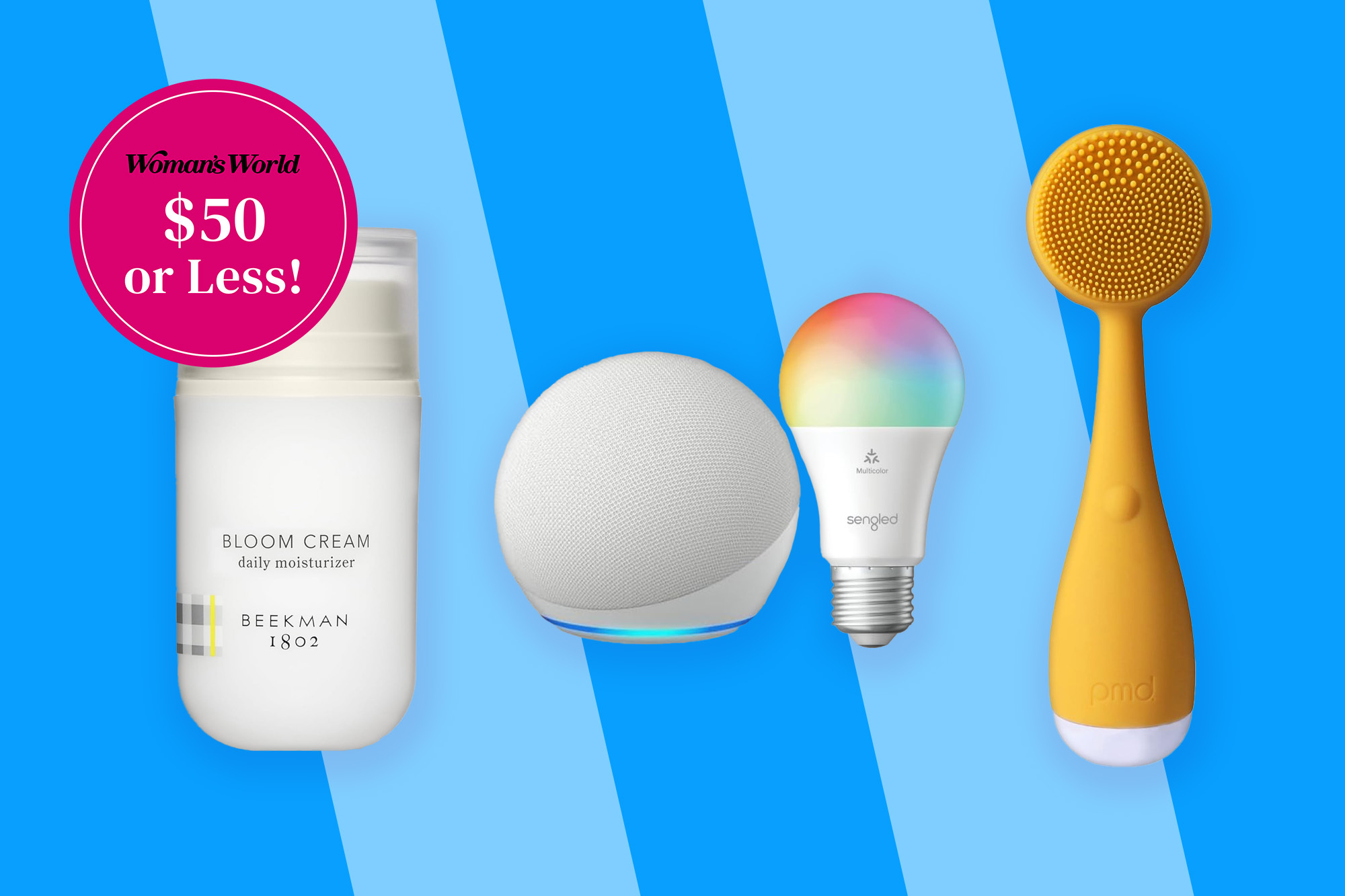Various Amazon products arranged on a blue background with a Woman's World pink button that reads '$50 or less!'