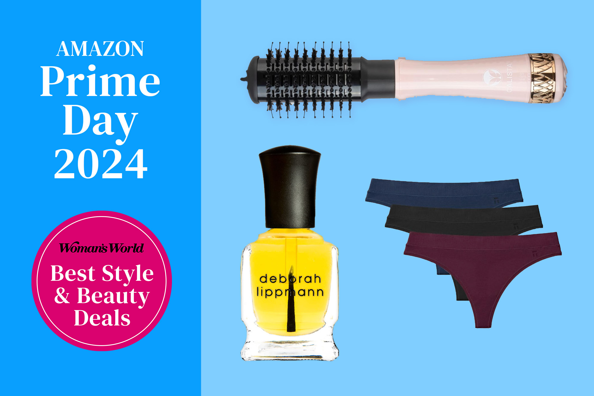 Images of nail polish, a hair styling brush, and underwear next to text that reads 'Amazon Prime Day 2024 Woman's World Best Style and Beauty Deals.'