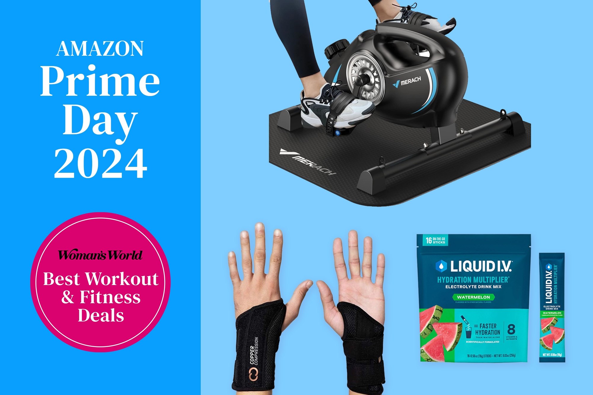 An image with a blue background and various health and wellness products next to text that reads 'Amazon Prime Day 2024: Woman's World Best Workout and Fitness Deals.'