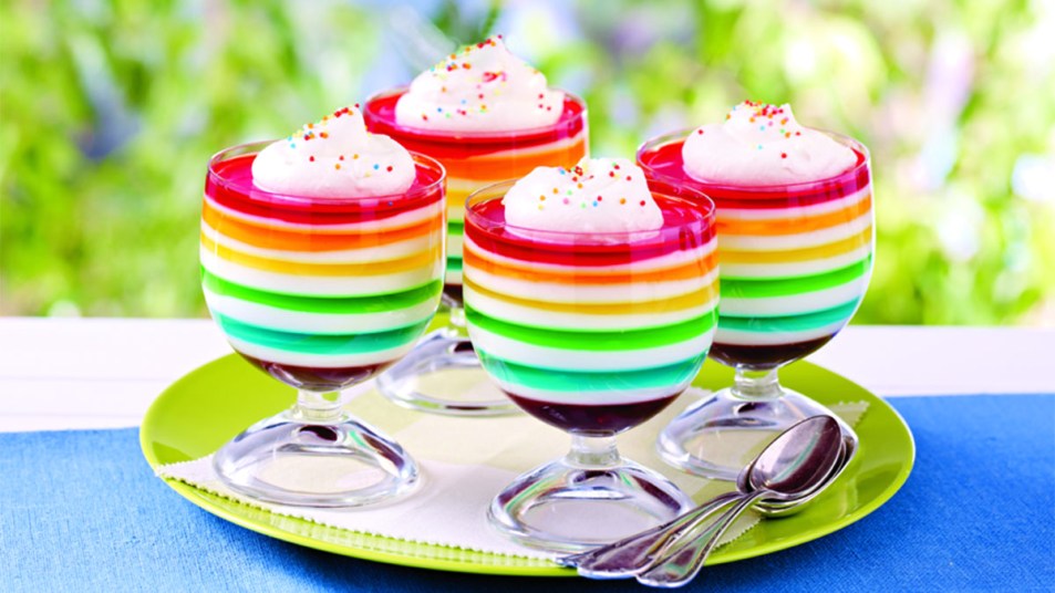 Rainbow layered jello dessert