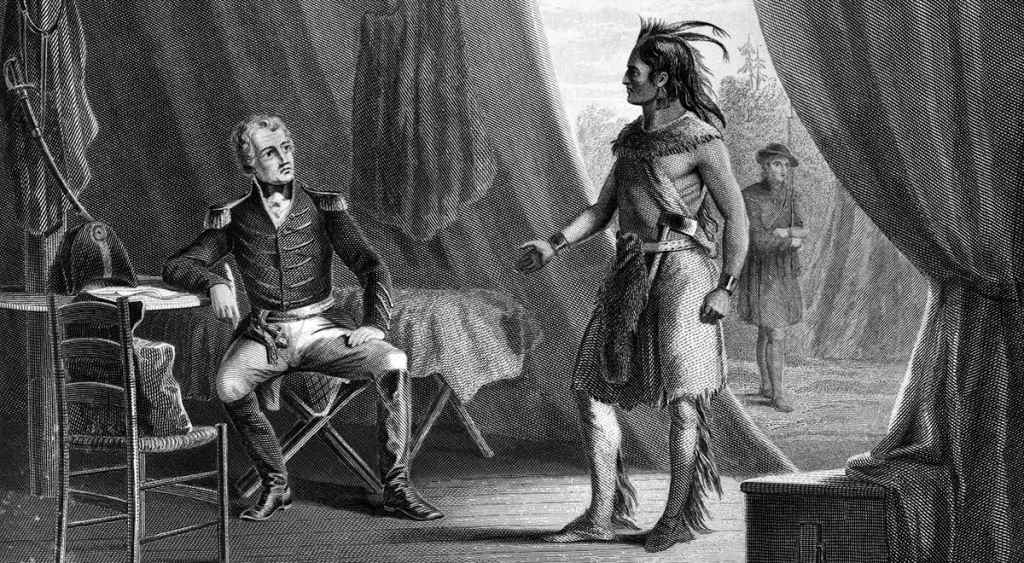 1814: William Weatherford, also known as Chief Red Eagle, surrenders to Andrew Jackson after the Creek Indians were defeated at the Battle of Horseshoe Bend in Alabama