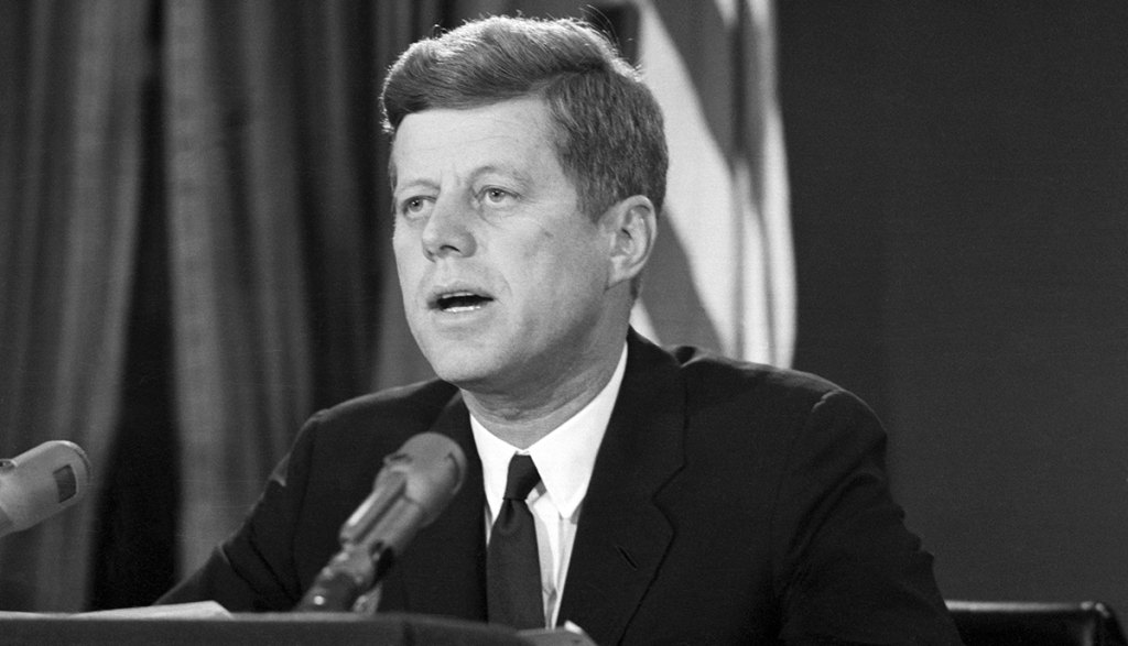 President Kennedy proclaims in a televised speech on October 22, 1962, that Cuba has become an offensive Soviet base, capable of destruction