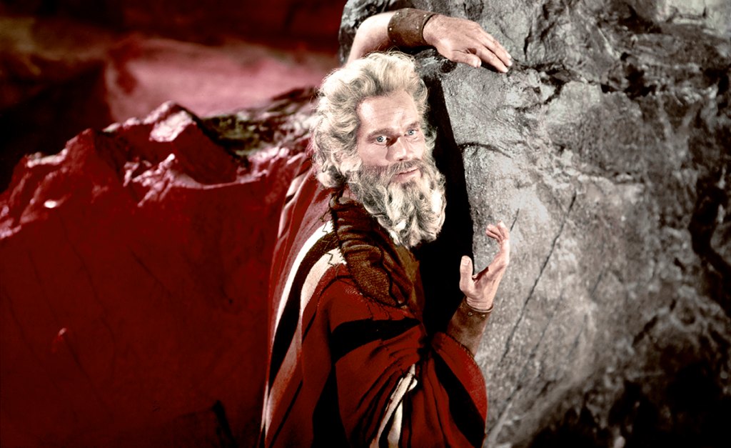 Charlton Heston on the set of The Ten Commandments, directed by Cecil B. DeMille, 1956