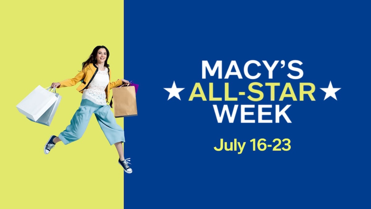 An image with a yellow and blue background and a woman holding shopping bags leaping in mid-air with text that reads 'Macy's All-Star Week' July 16-23.'