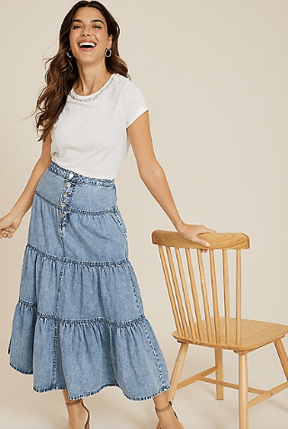 Button Fly Tiered Nonstretch Denim Maxi Skirt