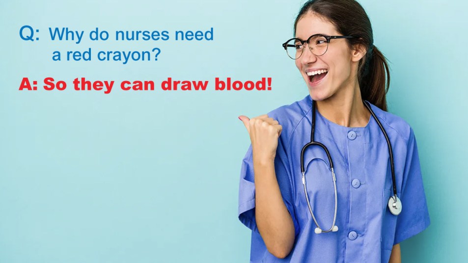 woman in scrubs laughing at a nurse joke