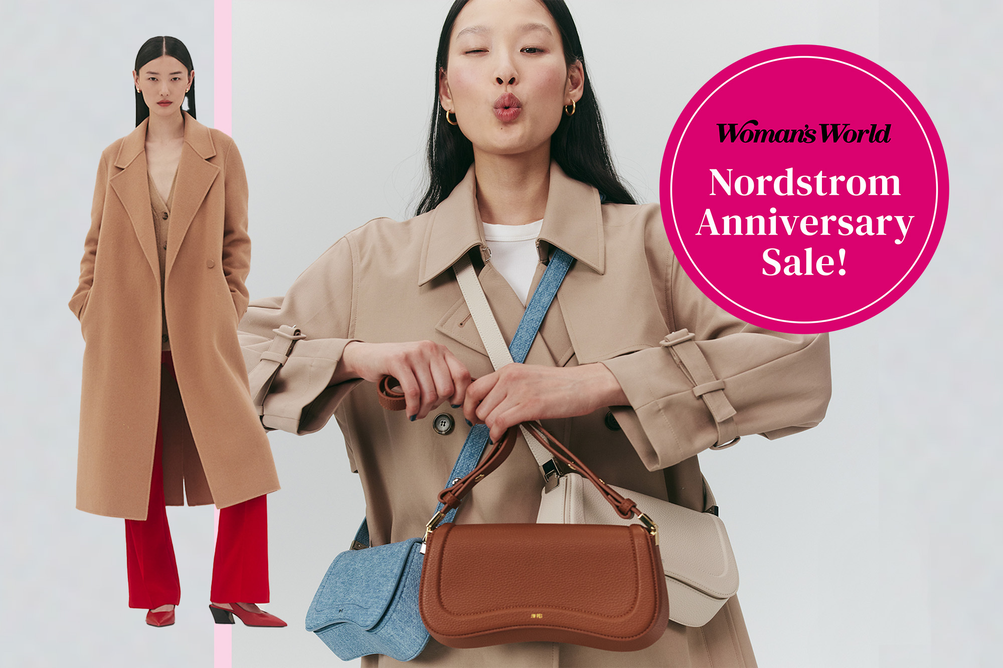 An image of a woman wearing various styles from Nordstrom next to a pink bubble that reads 'Woman's World Nordstrom Anniversary Sale.'