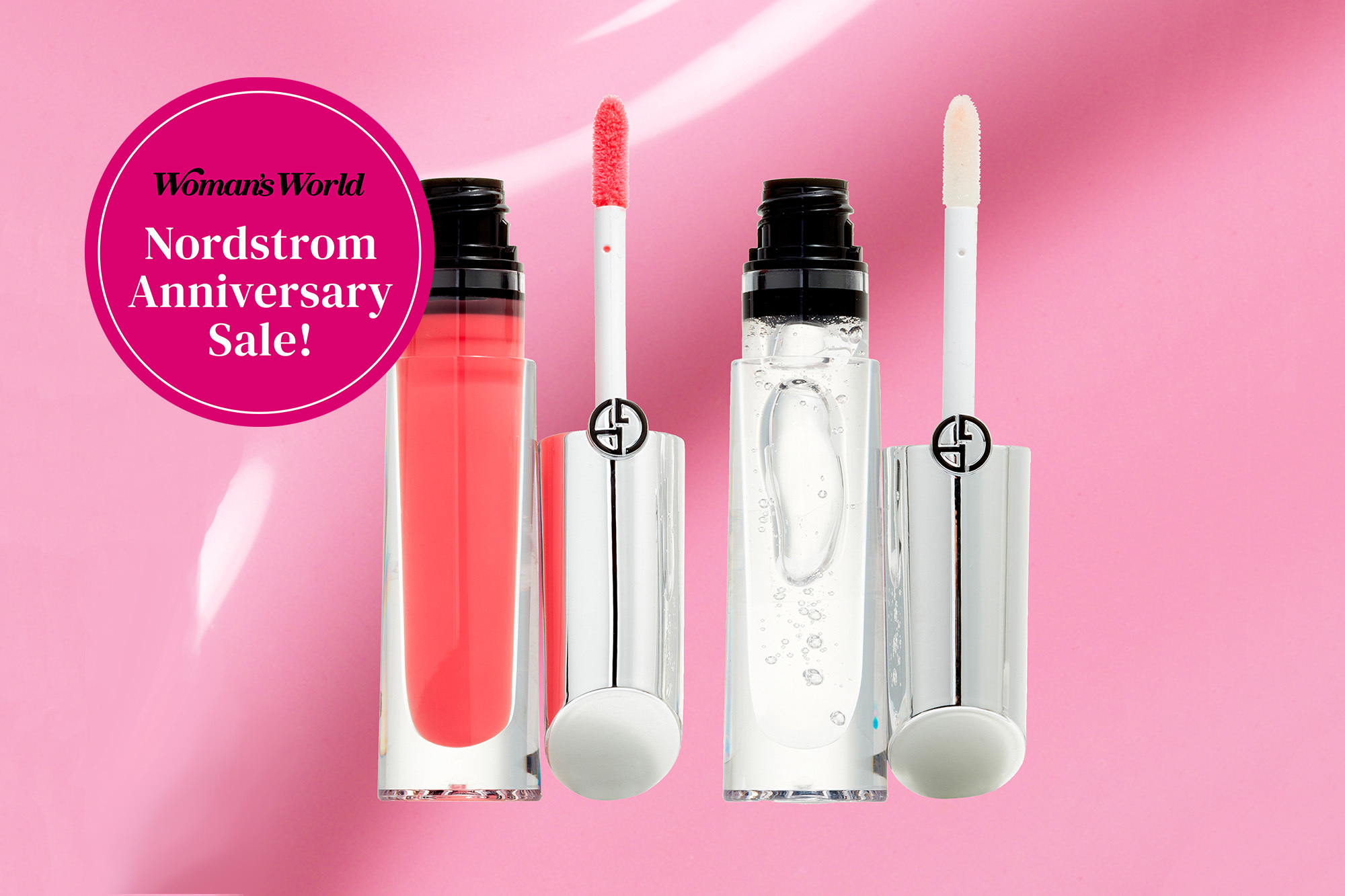 An image with lip gloss amid a pink background with a call-out bubble reading 'Woman's World Nordstrom Anniversary Sale!'