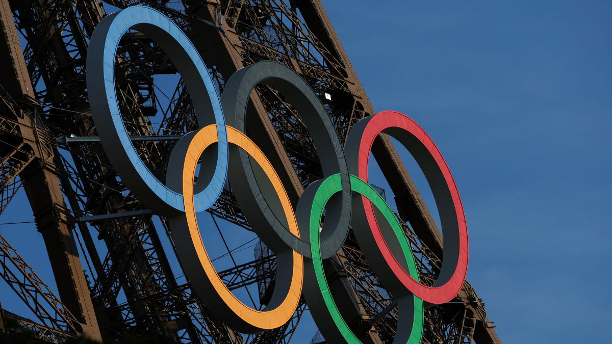 Eiffel Tower, decorated with the Olympic rings for the upcoming Paris 2024 Olympic Games, in Paris, on July 18, 2024.