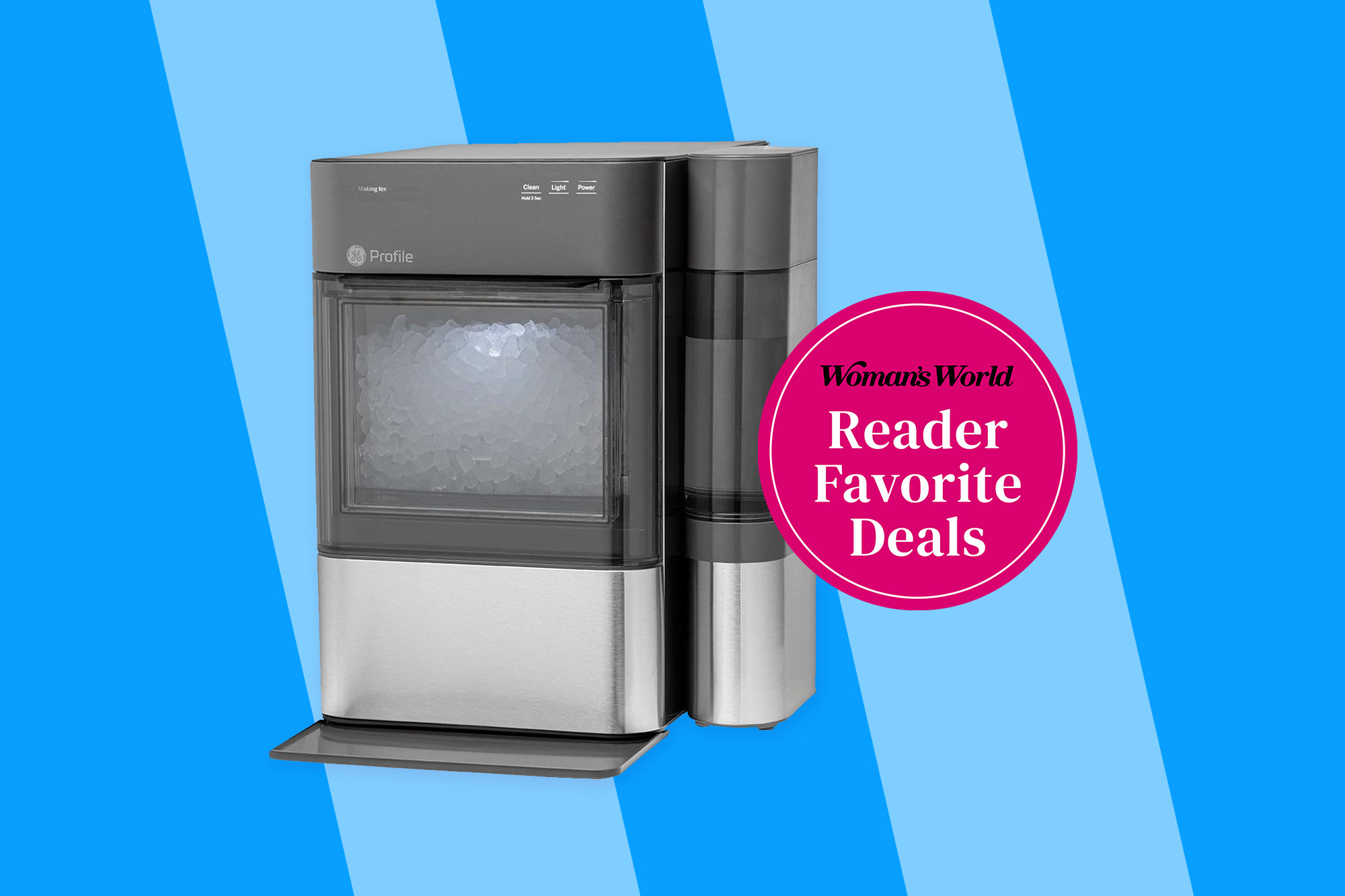 An image of the GE Opal Nugget Ice Maker next to a round banner that reads 'Woman's World Reader Favorite Deals.'