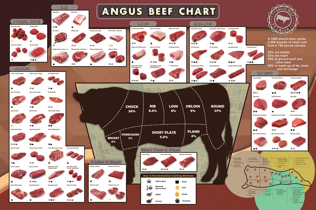Gögüs bifteğinin nereden geldiğini gösteren inek tablosu