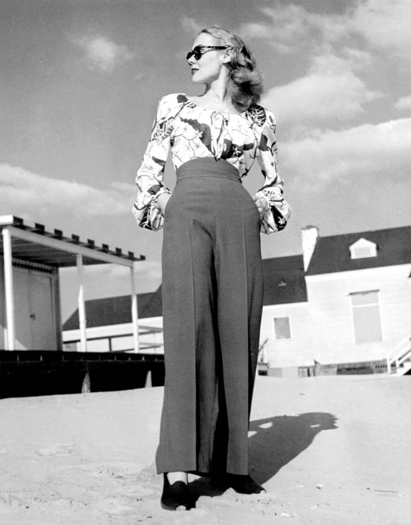 Model wearing high-waisted pants in 1945