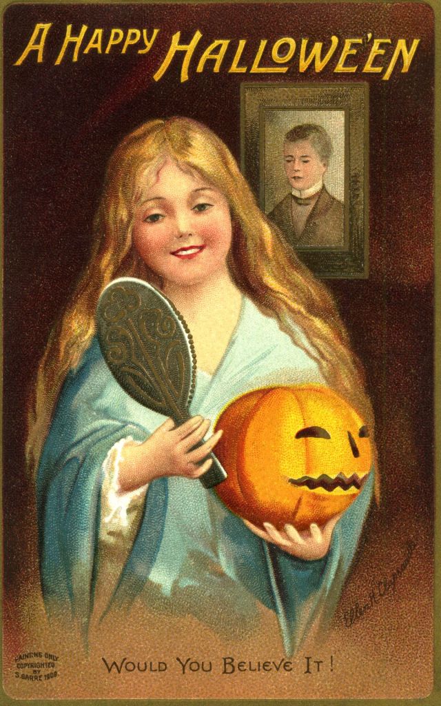 Ellen Clapsaddle Halloween postcard with girl holding jack o' lantern from 1909