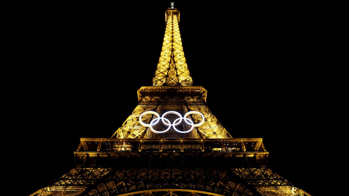 A general view of the Eiffel Tower ahead of the Paris 2024 Olympic Games on July 22, 2024 in Paris, France