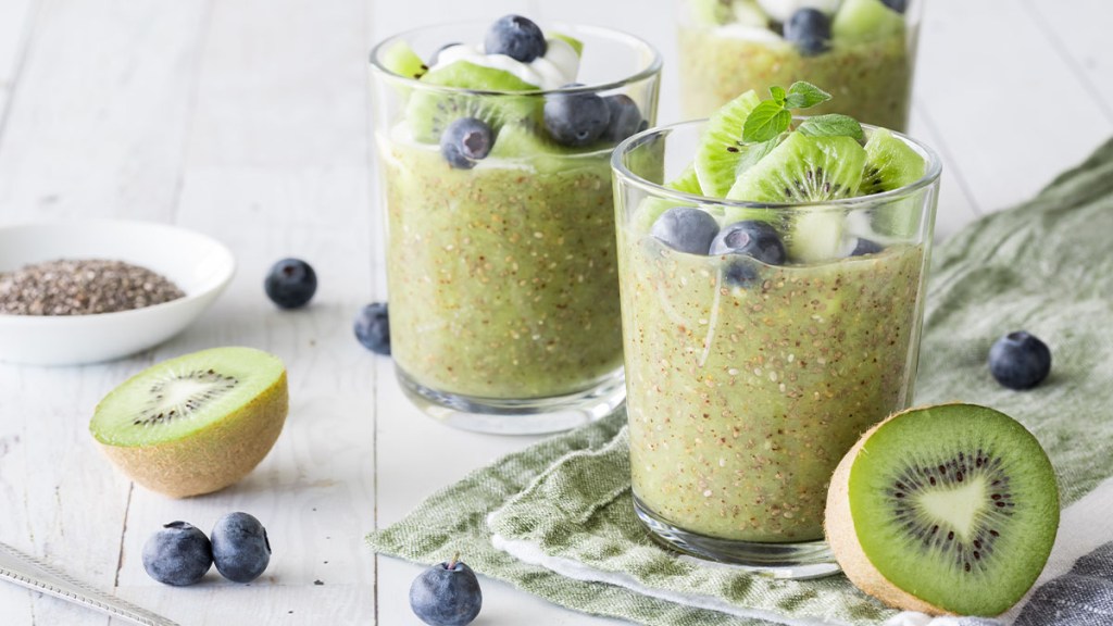 Chia pudding cup made with kiwi and aloe vera juice