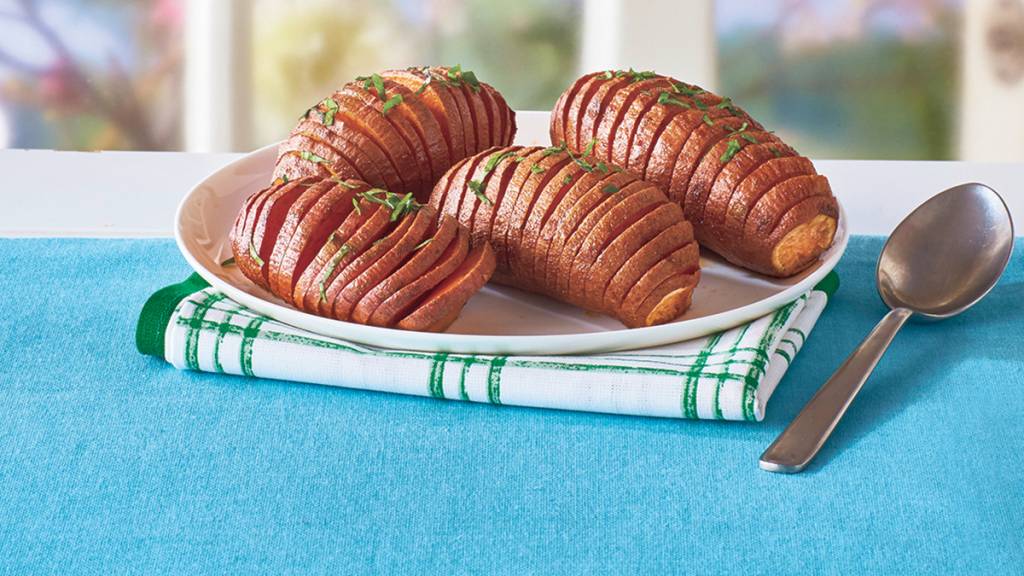 Chili spiced hasselback sweet potatoes