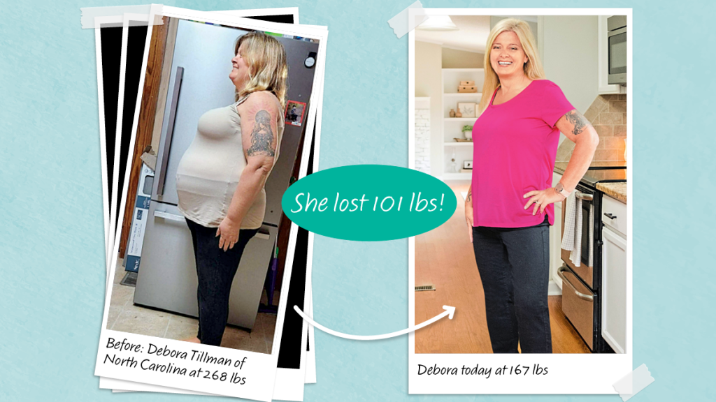 Before and after of Debora Tillman who lost 101 lbs with protein brownies