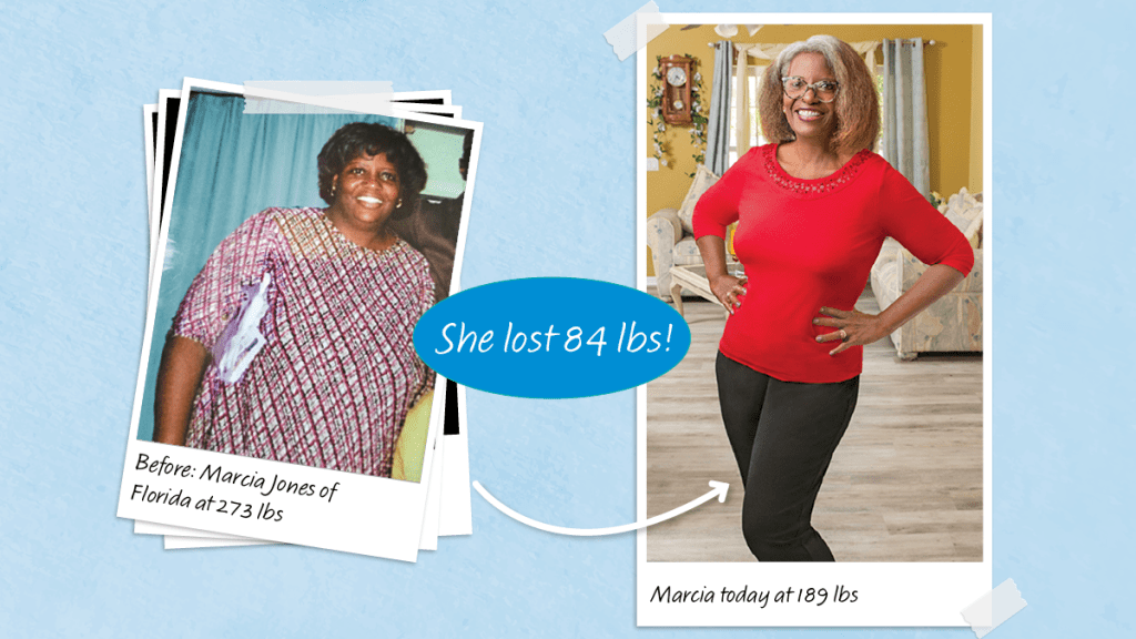 Before and after of Marcia Jones who used aloe vera juice for weight loss and dropped 84 pounds