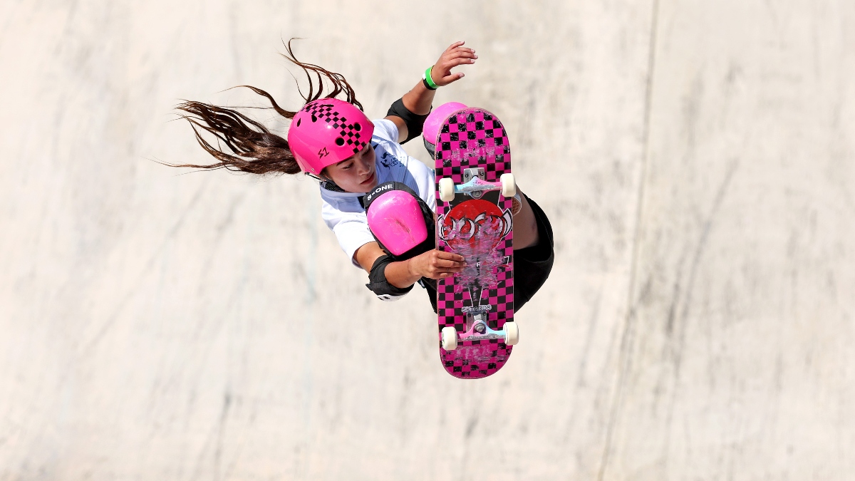 Skateboarder Arisa Trew competing in the 2024 Olympics