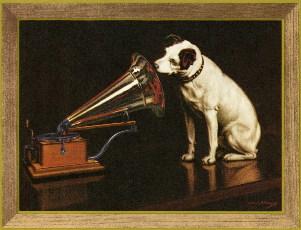 Dog with phonograph painting — His Master's Voice by Frances Barraud vintage record players