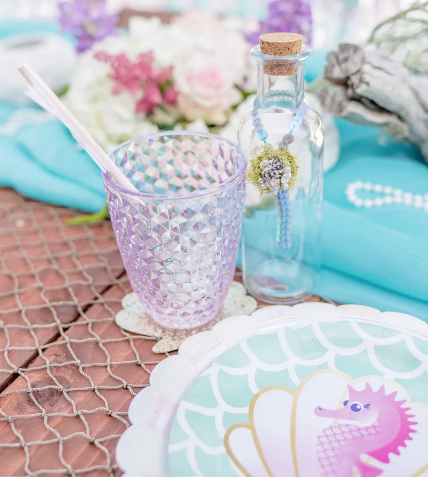 Mermaid party place setting with blue seahorse plate