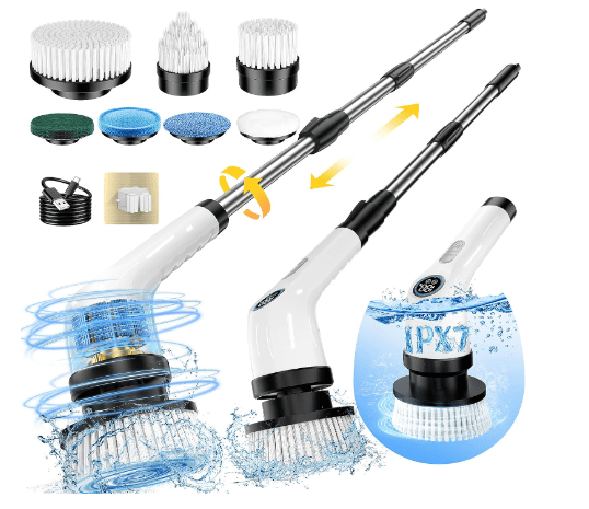 Electric Spin Scrubber, Full-Body IPX7 Waterproof Cordless Power Cleaning Brush with Adjustable Extension Handle