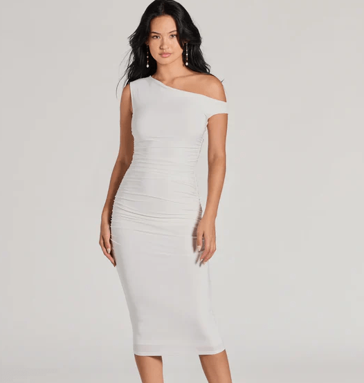 Windsor Easily Sultry Off-Shoulder Ruched Midi Dress