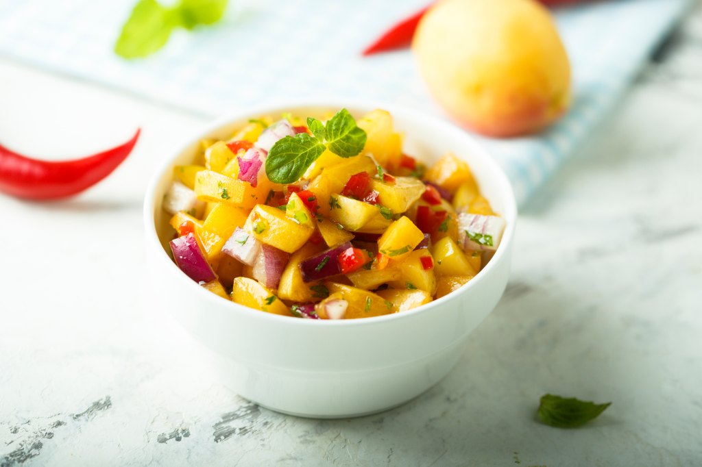 A recipe image for spicy mango-peach salsa