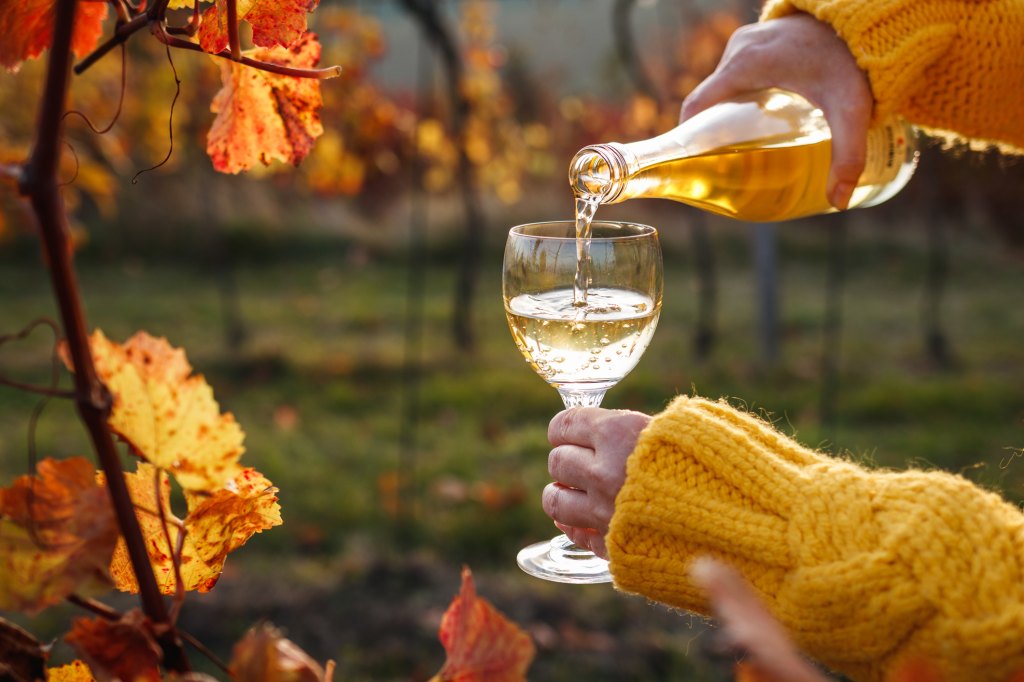 mature woman pouring a glass of white wine from the aldi seasonal drinks lineup outside