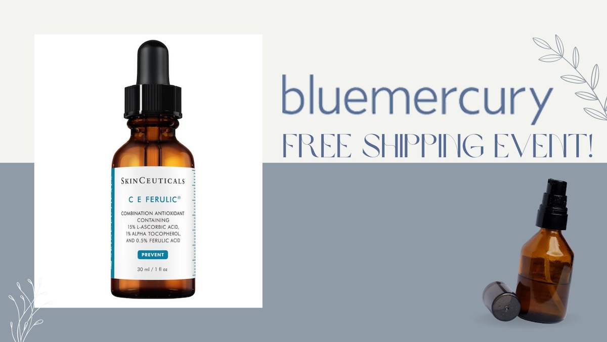 An image with skincare product bottles and text reading 'Bluemercury Free Shipping Event!'