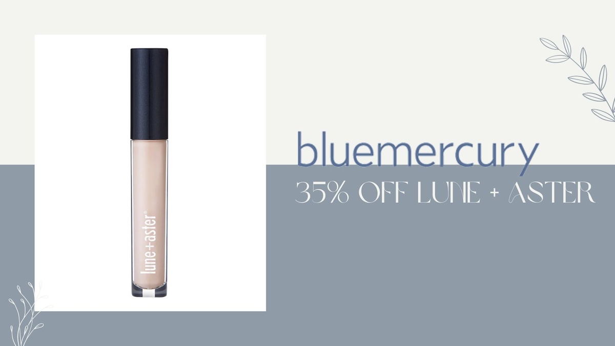 An image with Lune + Aster beauty product RealGlow Undereye Brightener next to text that reads 'Bluemercury 35% off Lune + Aster.'
