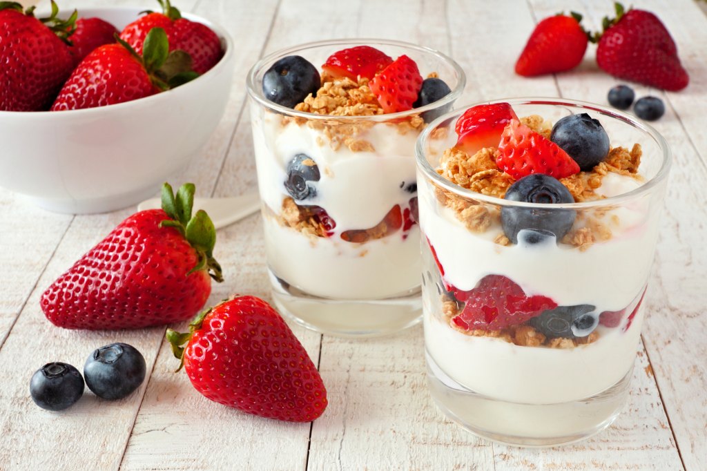Greek yogurt parfaits with strawberries, blueberries and granola