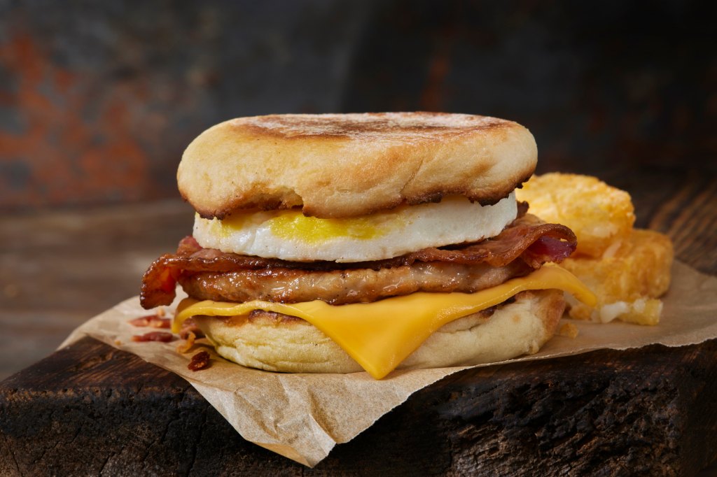 breakfast sandwich with egg, bacon and cheese