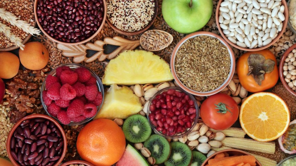 Variety of grains, legumes and whole produce, which can be part of healthy gout diet