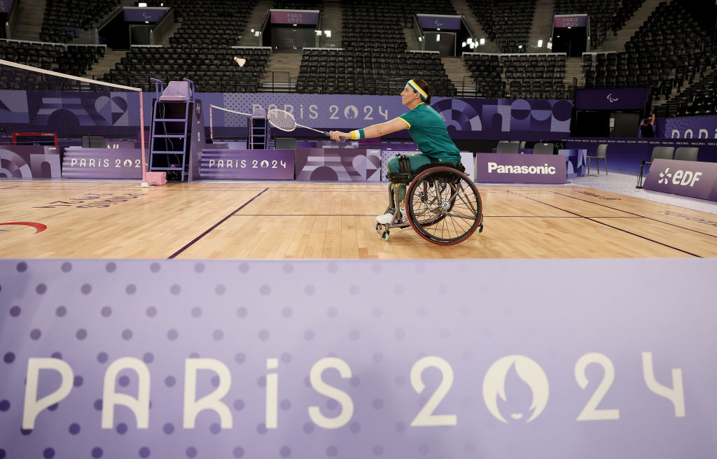 Mischa Ginns of Australia returns a shot during a WH2 Para Badminton training session