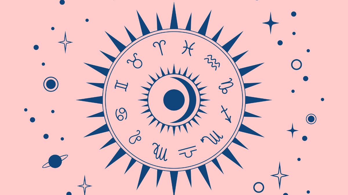 Dark blue zodiac circle with planets and stars around on a pink background.