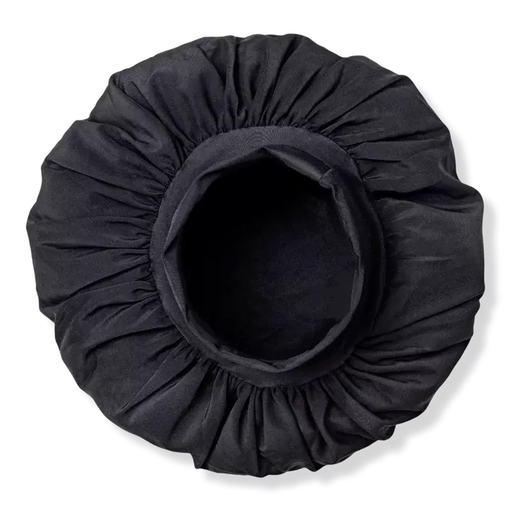 Photo of black satin hair bonnet.