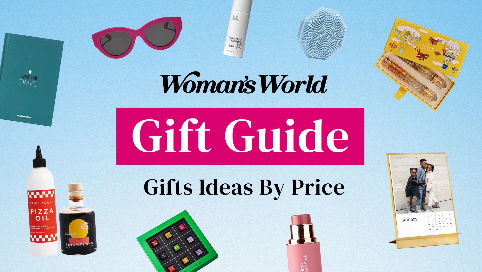 Various gift ideas for the holidays arranged around the Woman's World logo and text that reads 'Gift Guide Gift Ideas by Price.'