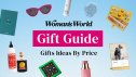 Various gift ideas for the holidays arranged around the Woman's World logo and text that reads 'Gift Guide Gift Ideas by Price.'