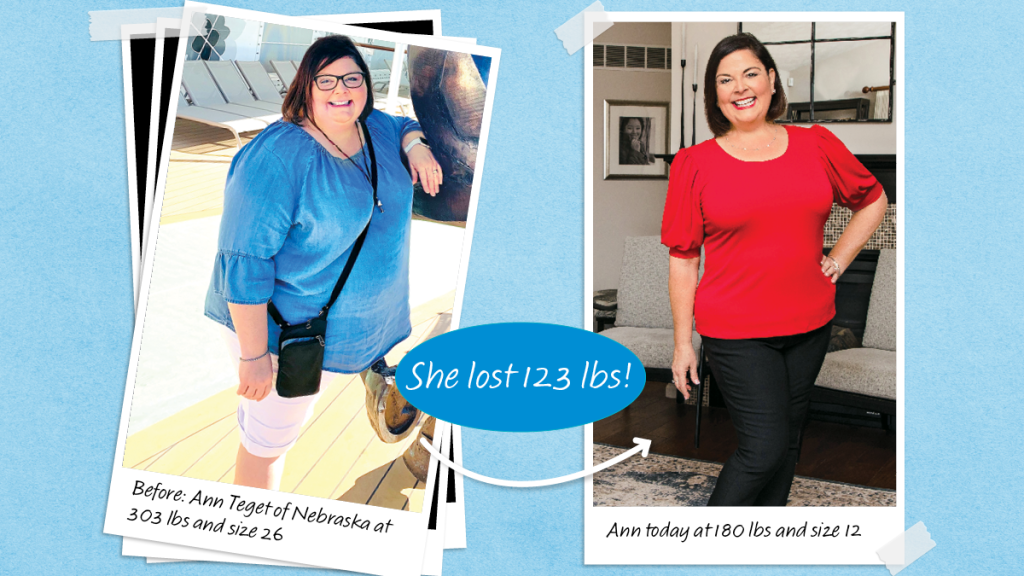 Before and after photos of Ann Teget who lost 123 lbs with souping