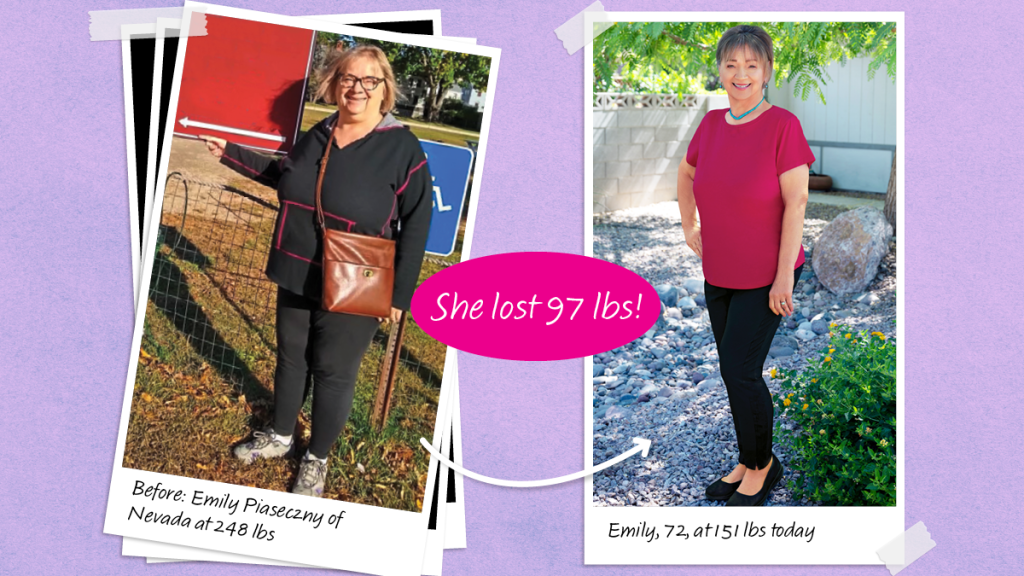 Before and after images of Emily Piaseczny, who lost 97 lbs with the help of magnesium