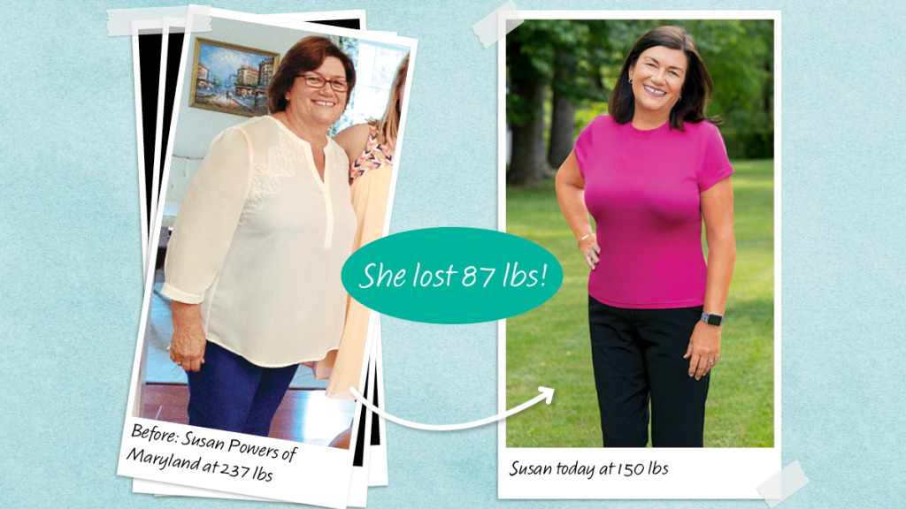 Before and after photos of Susan Powers, who lost 87 pounds with a weight loss tea recipe using green tea and Skinny Syrup.