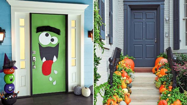 Halloween Door Ideas Featured Image: One spooky-cute door side by side with a classic fall door with pumpkins lining front steps