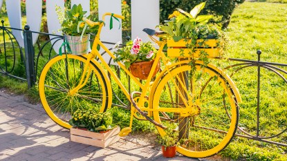 Bicycle painted yellow and transformed into a DIY planter