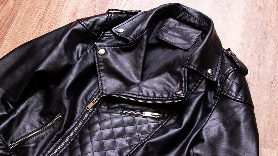A black leather biker's jacket that has just been cleaned