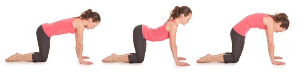 A woman with sciatica doing a cat-cow yoga stretch sequence