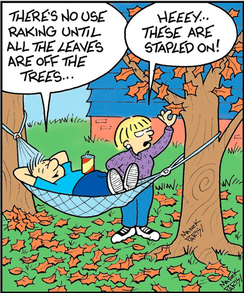 Autumn jokes: two peopl look a tree with falling leaves 